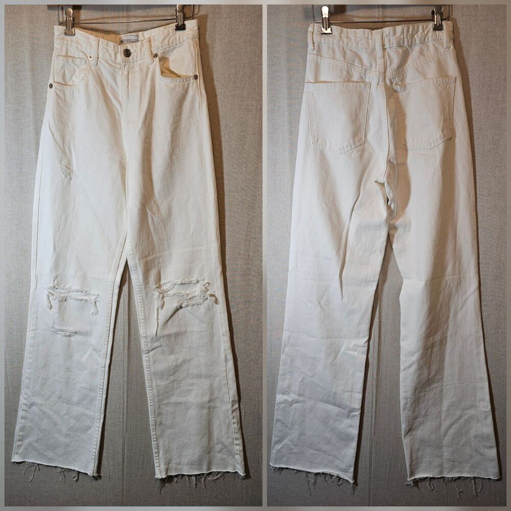 ZARA Womens Size 4 Jeans High Rise Straight Leg Holey Distressed Hem White